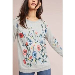 SUNDRY Anthropologie Embroidered Floral Sweatshirt Grey Crew Oversized Size 0/S
